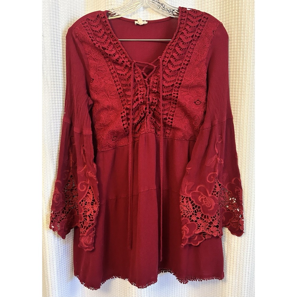 Dark Red Bell Sleeve Peplum Blouse M Lace Boho Witchy Goth Whimsical